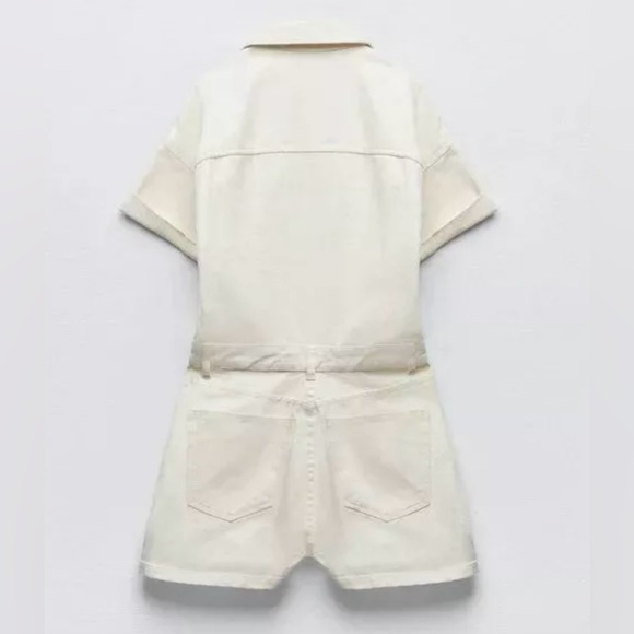 Zara Short Denim Romper Lapel Collar Pockets Shiny Jean Short Sleeve Bloggers SM - Picture 4 of 5